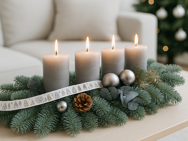 modernes Adventsgesteck in silber-grau im weihnachtlichem Ambiente